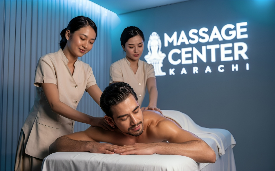 Two therapists giving a relaxing massage to a male client at Massage Parlour in Karachi.