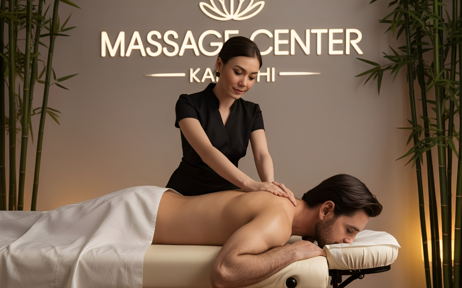 Female therapist giving a relaxing back massage at a massage centre in Karachi.