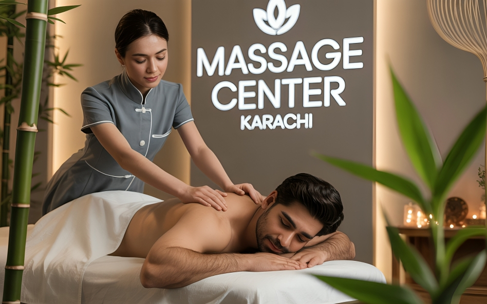 Therapist providing a calming massage for men in Karachi at Massage Center Karachi.